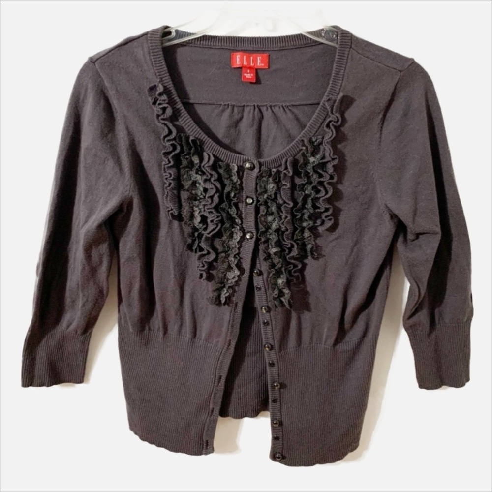 Elle Button Front Long Sleeve Cardigan Sweater with Ruffle and Lace Detailing 🩶